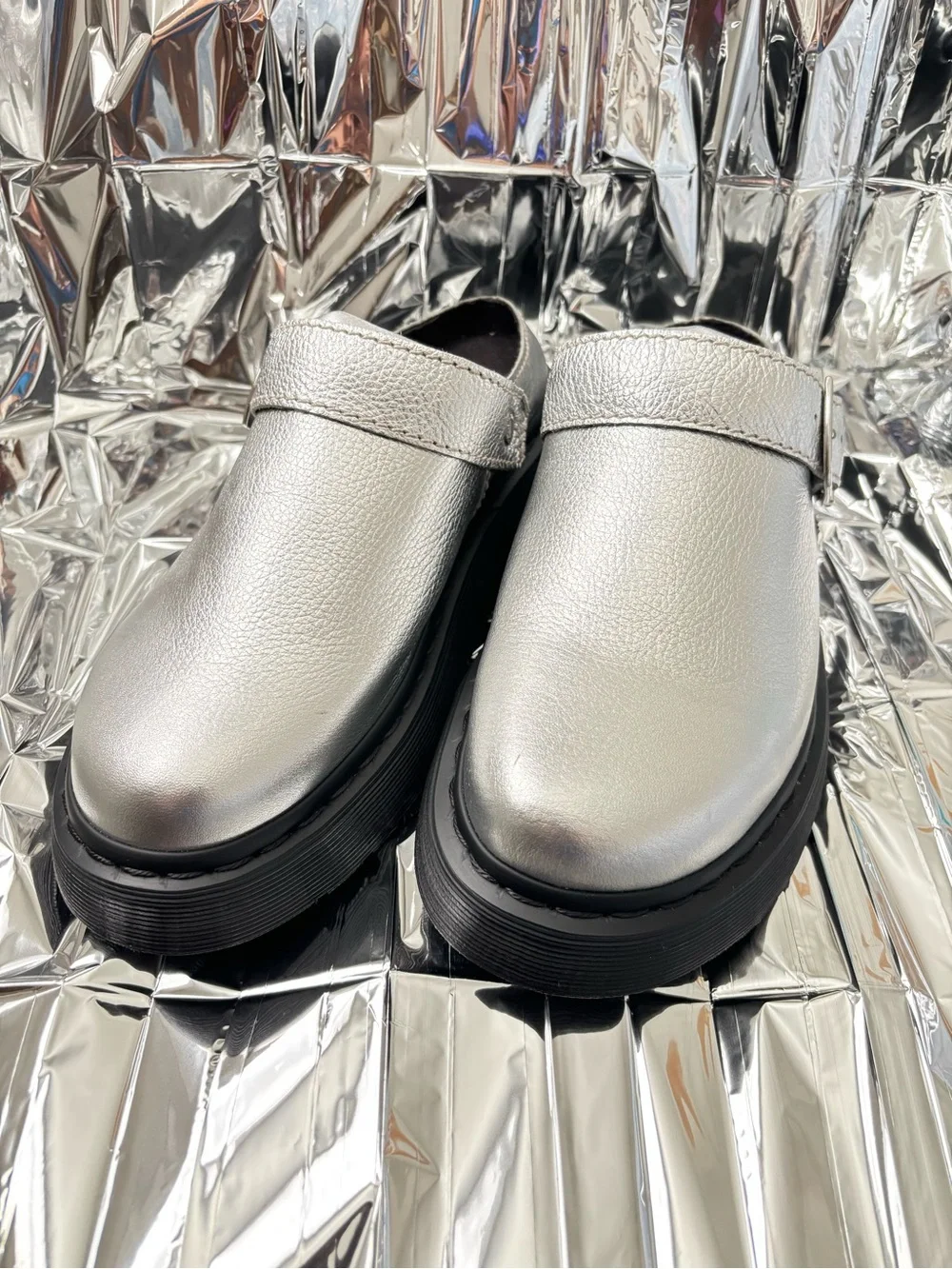 DR. MARTENS LAKETEN SILVER SLINGBACK MULES, size 9M